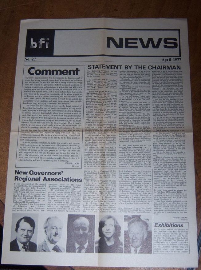 BFI MEMBERSHIP NEWS magazine side cover Issue 27 April 1977