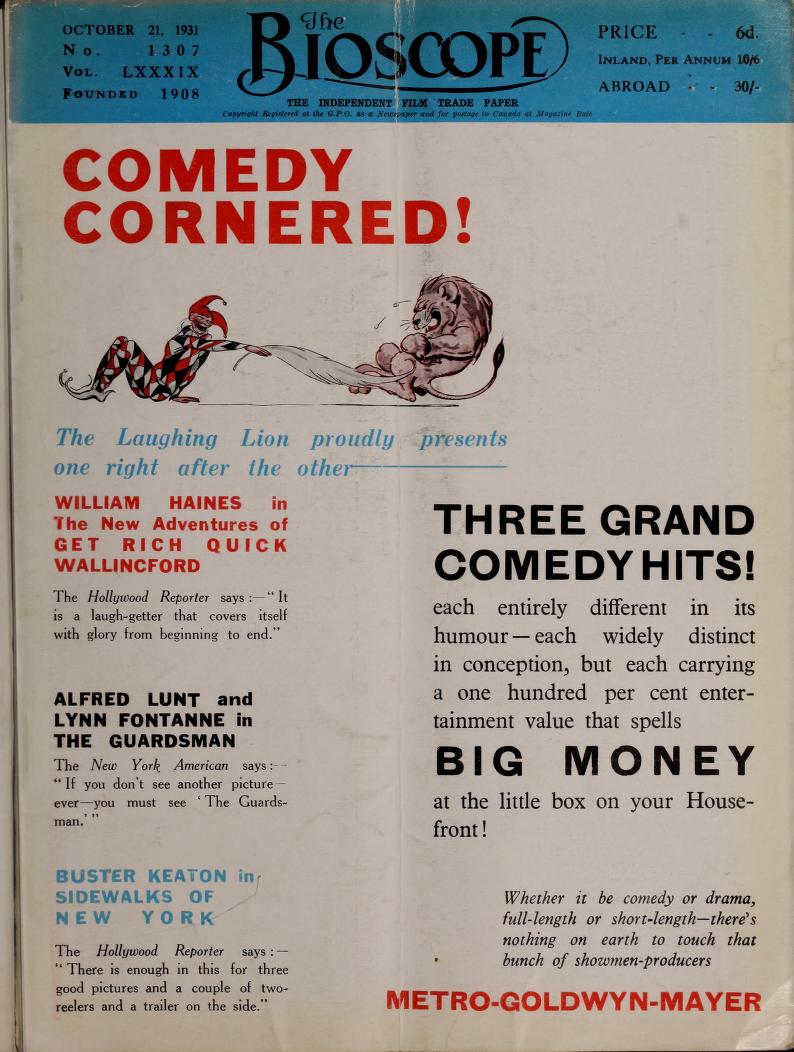 BIOSCOPE magazine side cover Issue 1307 21 October 1931
