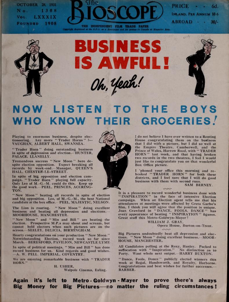 BIOSCOPE magazine side cover Issue 1308 28 October 1931