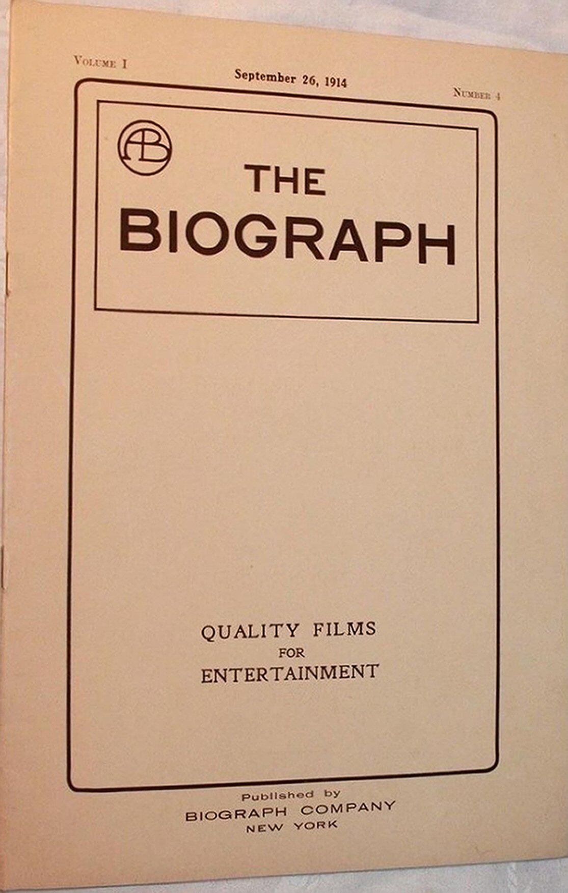 BIOGRAPH USA magazine side cover  Vol 1 No  4 26 September 1914