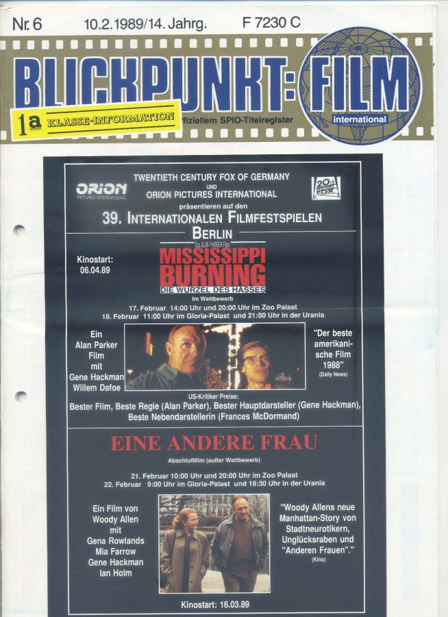 BLICKPUNKT: FILM magazine side cover Issue 6   1989