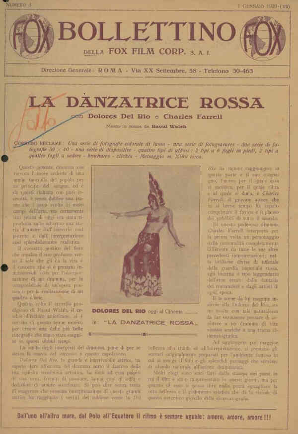 BOLLETTINO DELLA FOX FILM magazine side cover Issue 3 1 January 1929