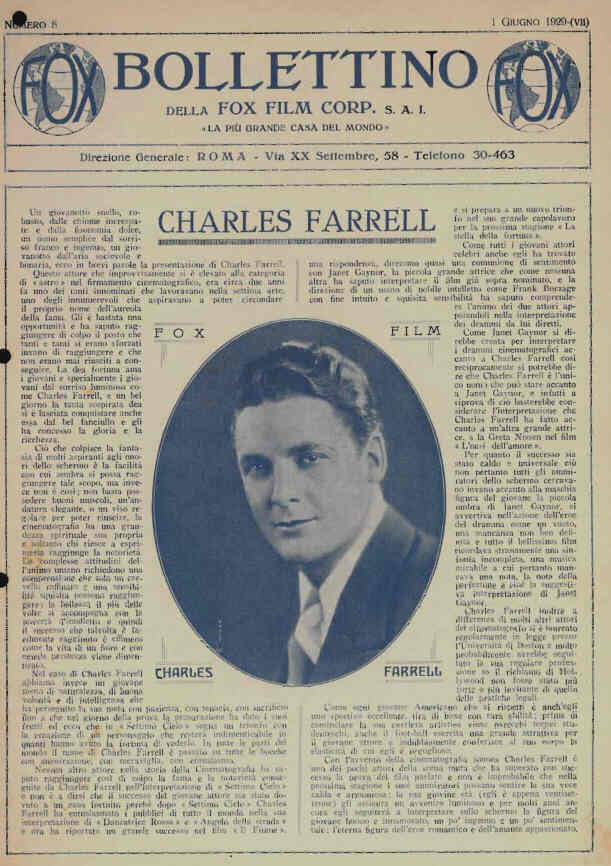 BOLLETTINO DELLA FOX FILM magazine side cover Issue 8 1 June 1929