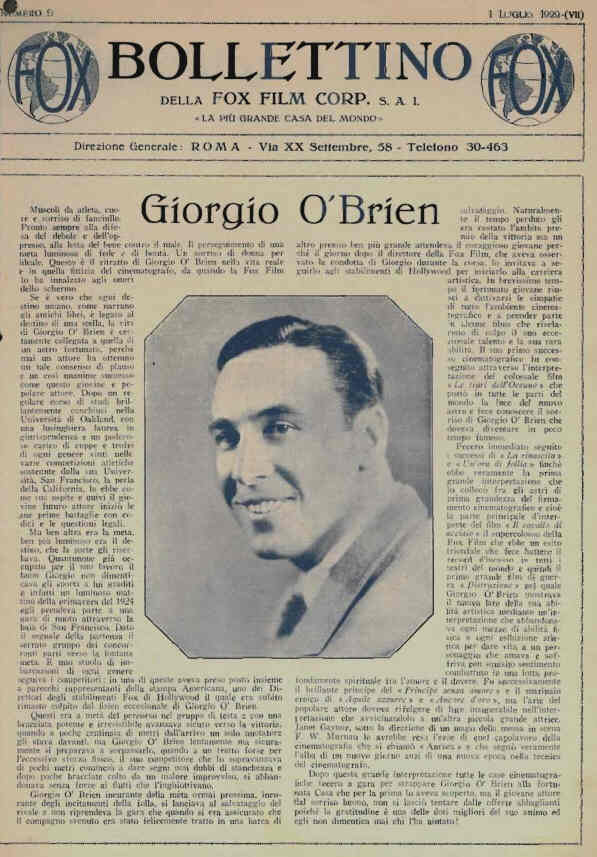BOLLETTINO DELLA FOX FILM magazine side cover Issue 9 1 July 1929