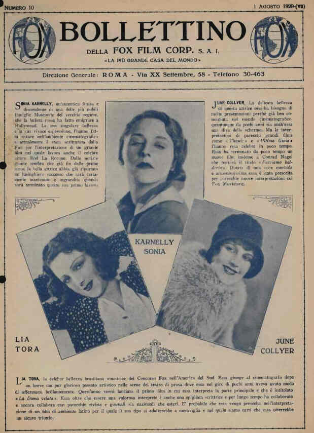 BOLLETTINO DELLA FOX FILM magazine side cover Issue 10 1 August 1929