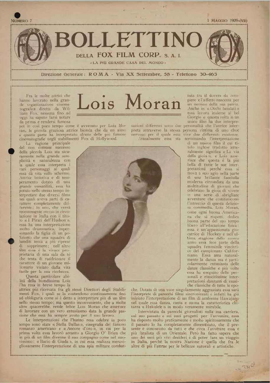 BOLLETTINO DELLA FOX FILM magazine side cover Issue 7 1 May 1929