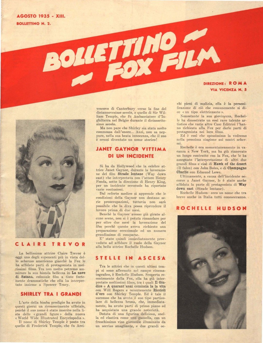 BOLLETTINO DELLA FOX FILM magazine side cover Issue 3  August 1935