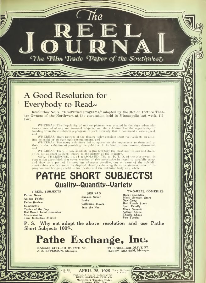 REEL JOURNAL magazine side cover 25 April 1925