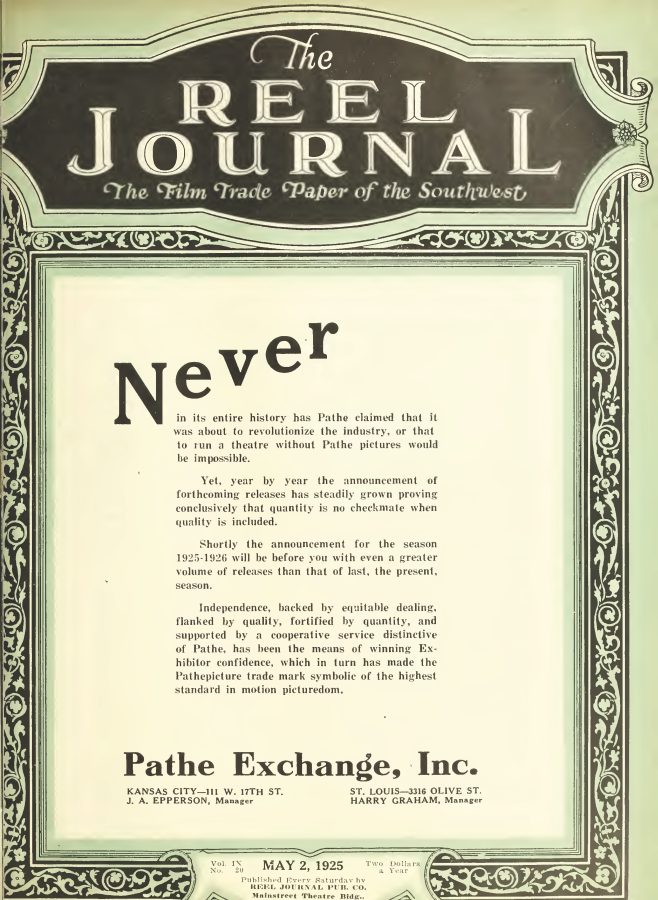 REEL JOURNAL magazine side cover 2 May 1925