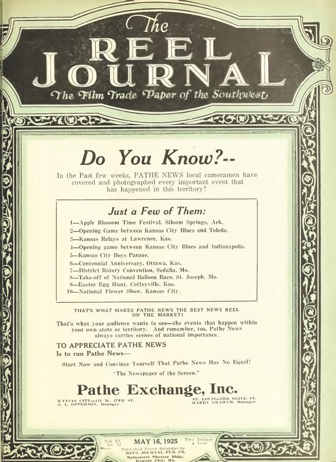 REEL JOURNAL magazine side cover 16 May 1925
