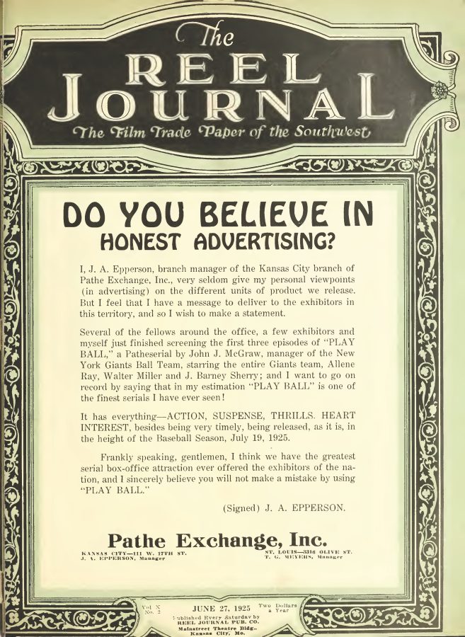 REEL JOURNAL magazine side cover 27 June 1925