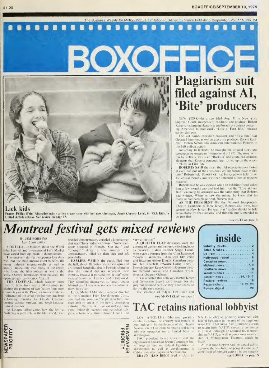 BOXOFFICE magazine side cover 10 September 1979