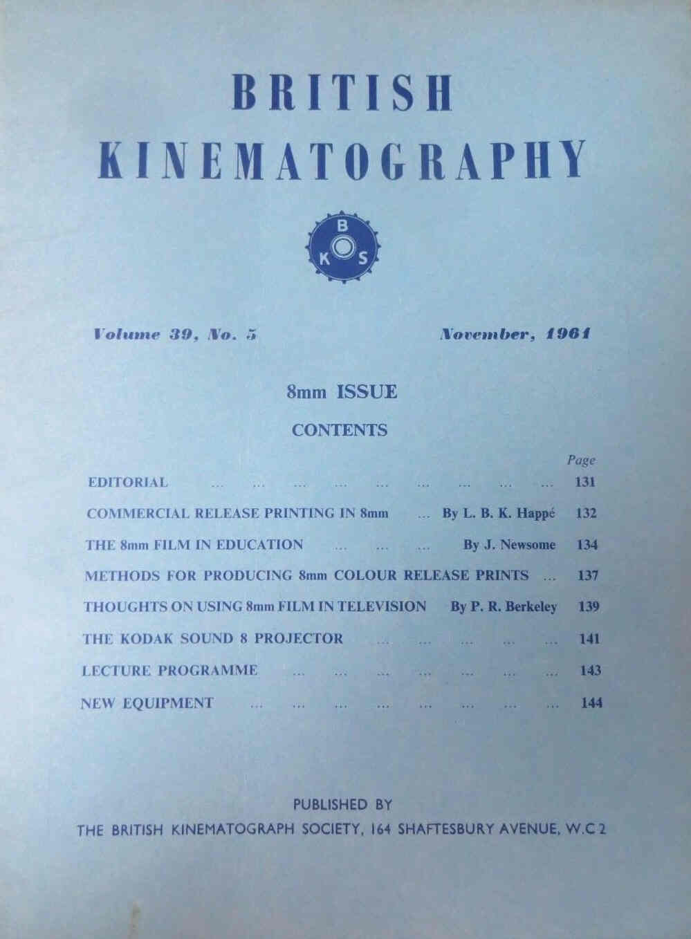 BRITISH KINEMATOGRAPHY magazine side cover November 1961