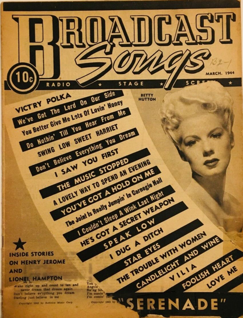 BROADCAST SONGS magazine side cover  March 1944