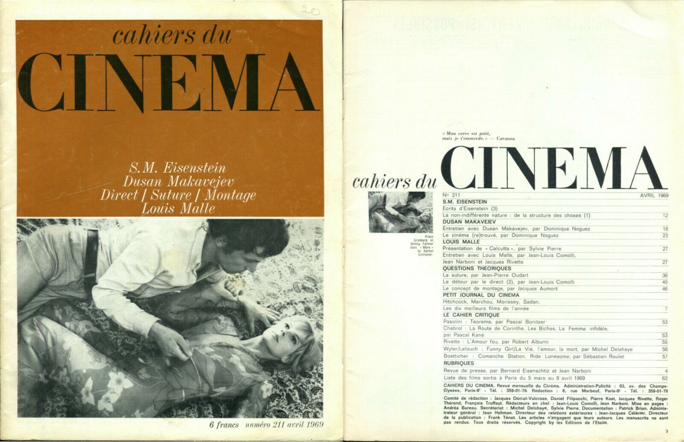 CAHIERS DU CINEMA magazine side cover Issue 211 April 1969