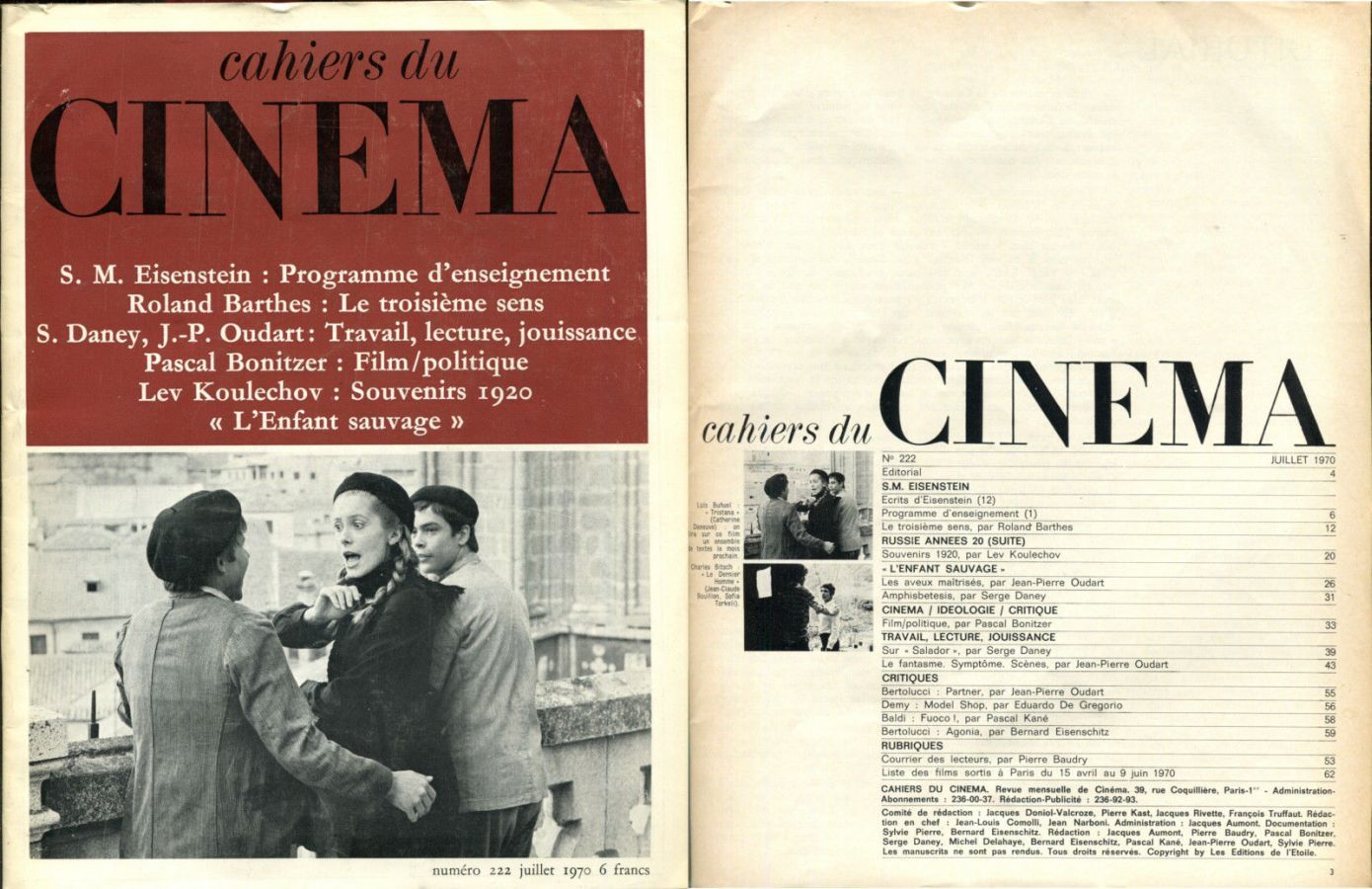 CAHIERS DU CINEMA magazine side cover Issue 222 July 1970