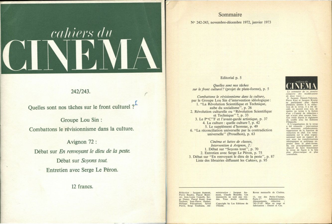 CAHIERS DU CINEMA magazine side cover Issue 242/243 November 1972