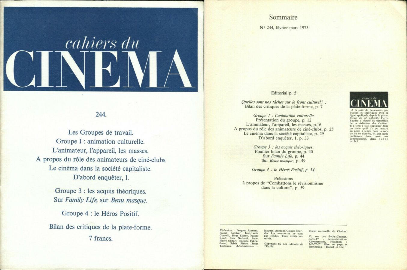 CAHIERS DU CINEMA magazine side cover Issue 244 February/March 1973