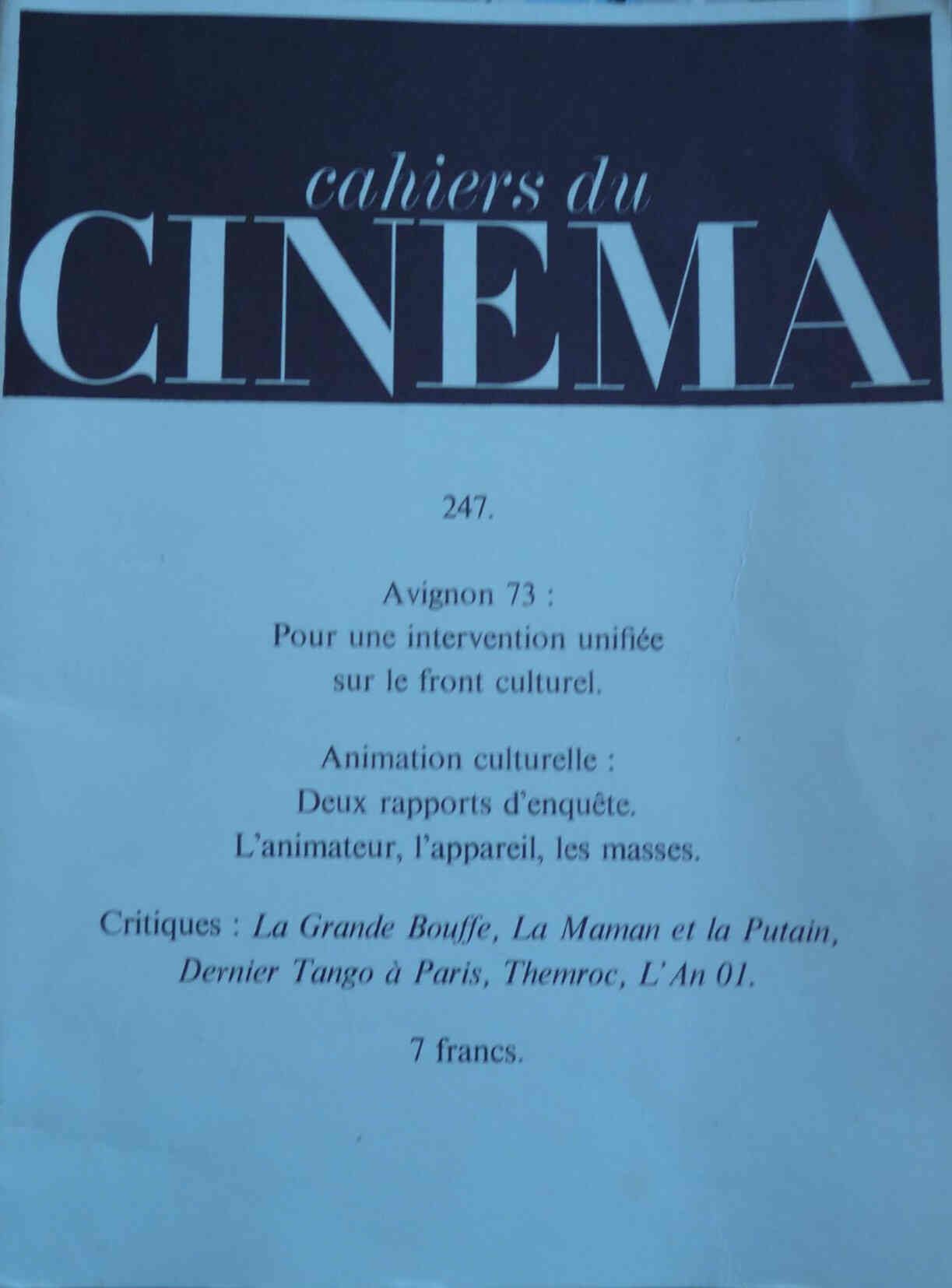 CAHIERS DU CINEMA magazine side cover Issue 247 July/August 1973