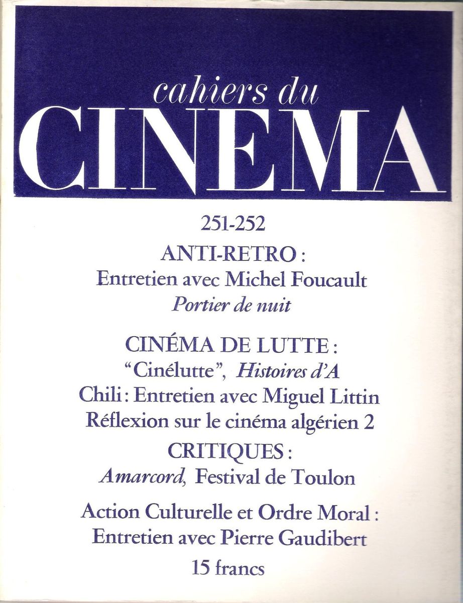 CAHIERS DU CINEMA magazine side cover Issue 251/252 July/August 1974