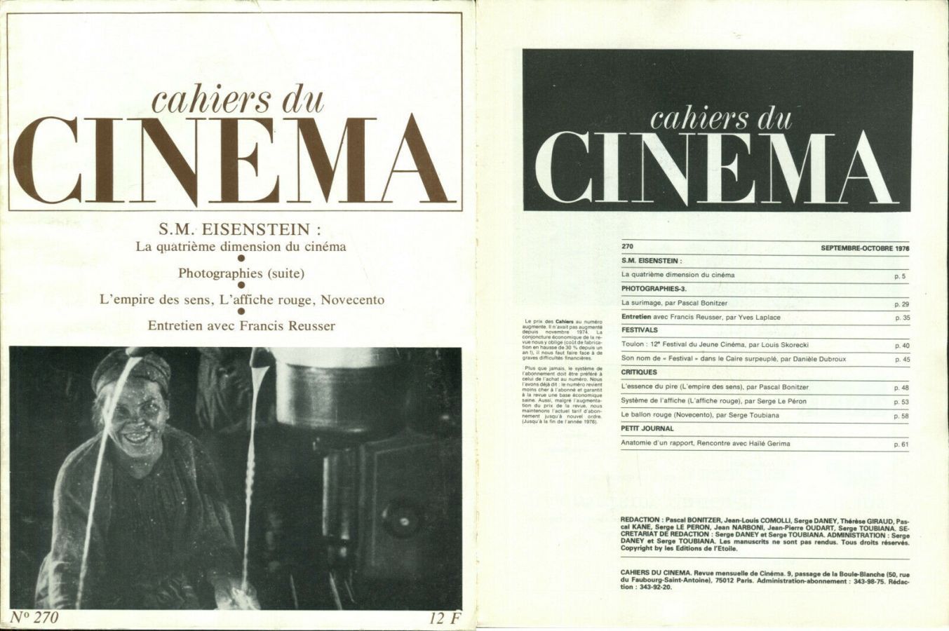CAHIERS DU CINEMA magazine side cover Issue 270 September/October 1976
