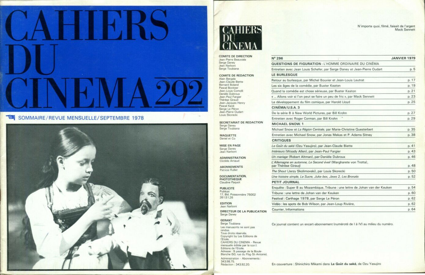 CAHIERS DU CINEMA magazine side cover Issue 292 September 1978