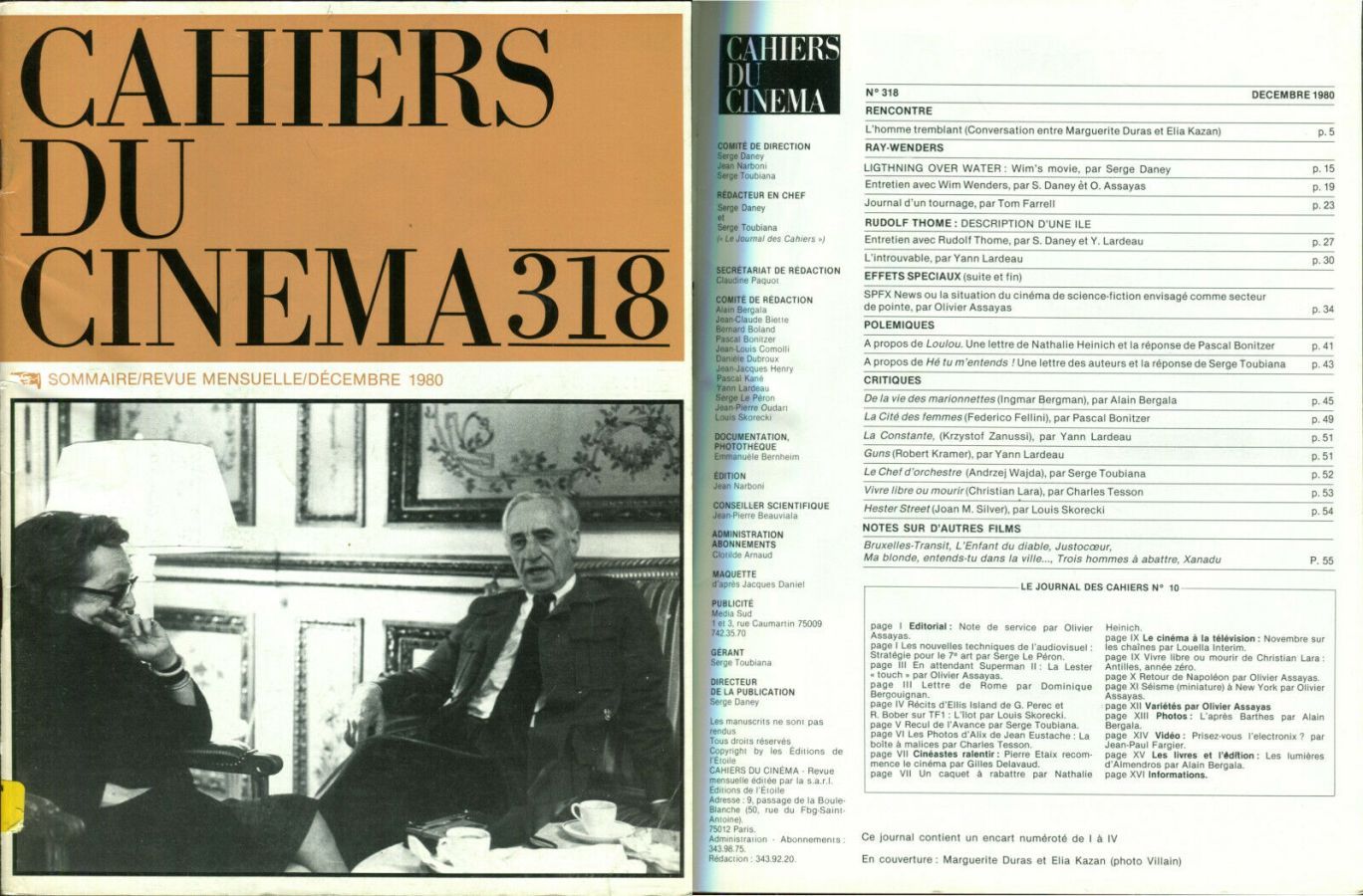 CAHIERS DU CINEMA magazine side cover Issue 318 December 1980