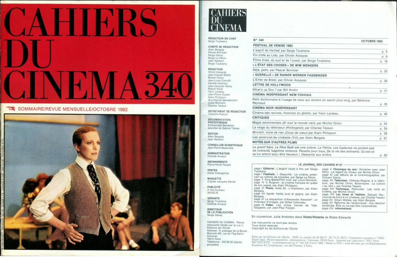 CAHIERS DU CINEMA magazine side cover Issue 340 October 1982