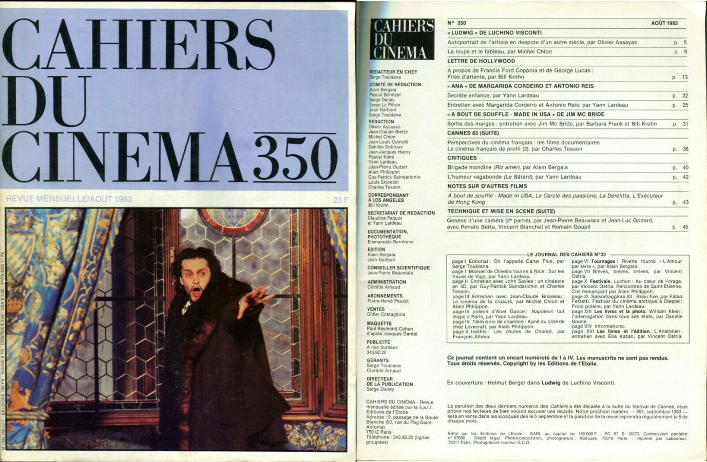 CAHIERS DU CINEMA magazine side cover Issue 350 August 1983