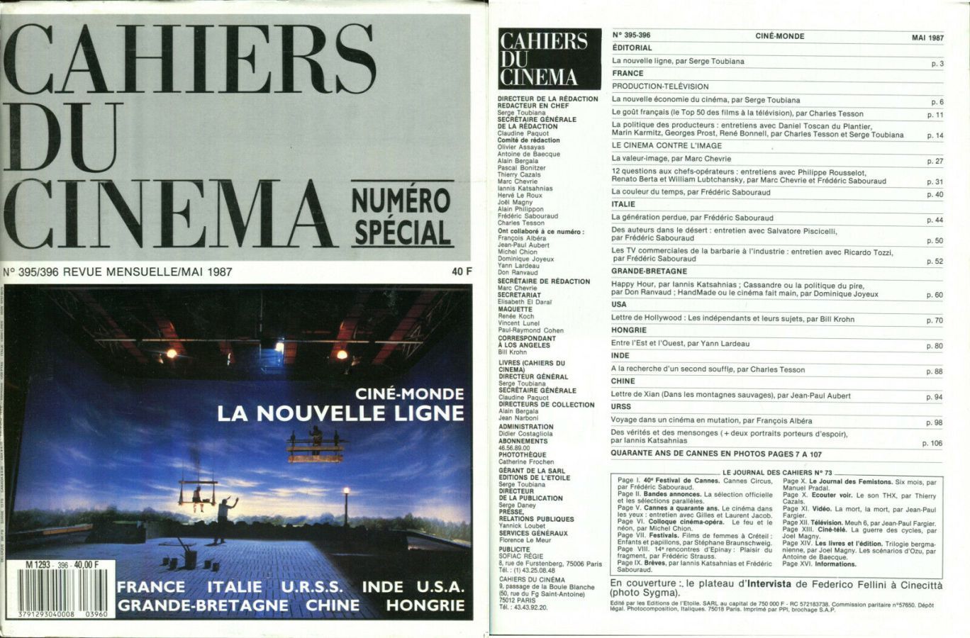 CAHIERS DU CINEMA magazine side cover Issue 395/396 May 1987