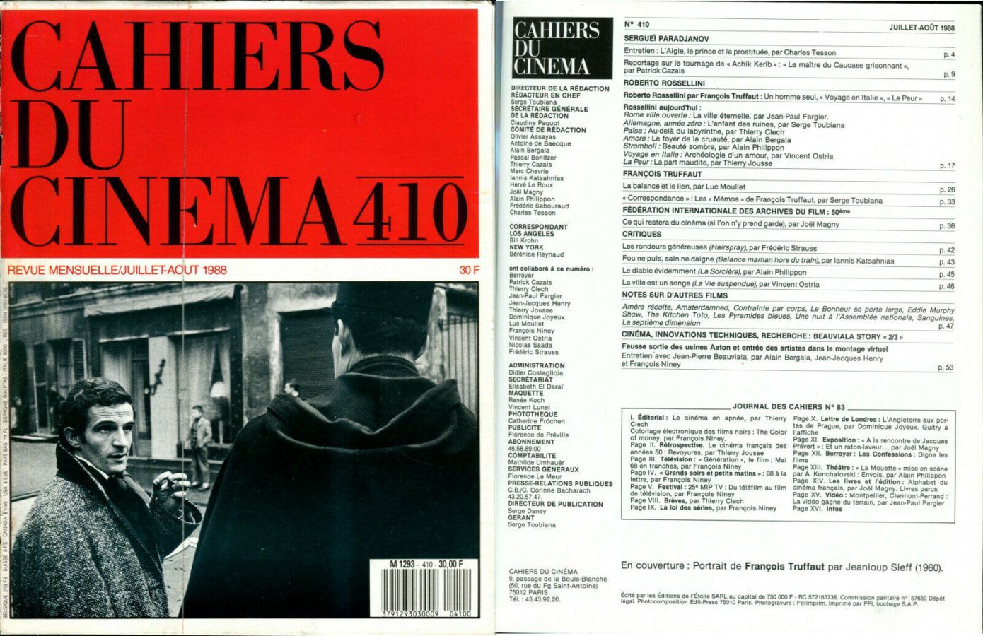 CAHIERS DU CINEMA magazine side cover Issue 410 July/August 1988