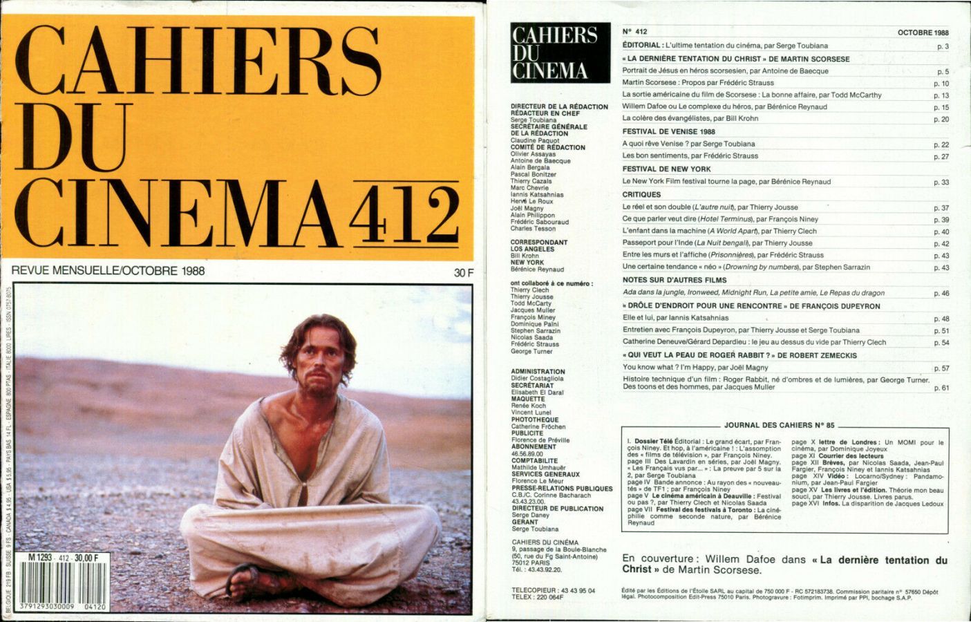 CAHIERS DU CINEMA magazine side cover Issue 412 October 1988