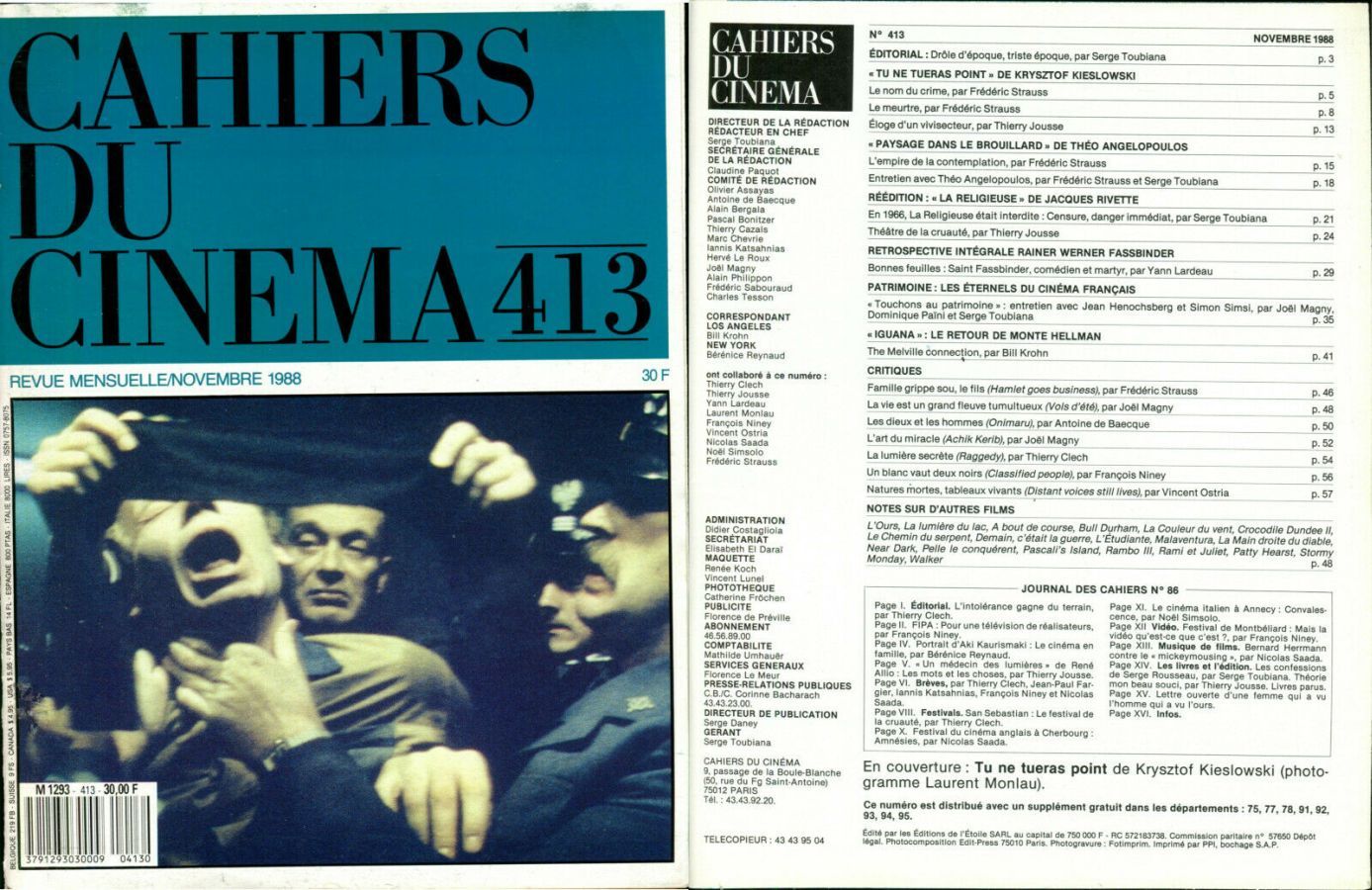 CAHIERS DU CINEMA magazine side cover Issue 413 November 1988