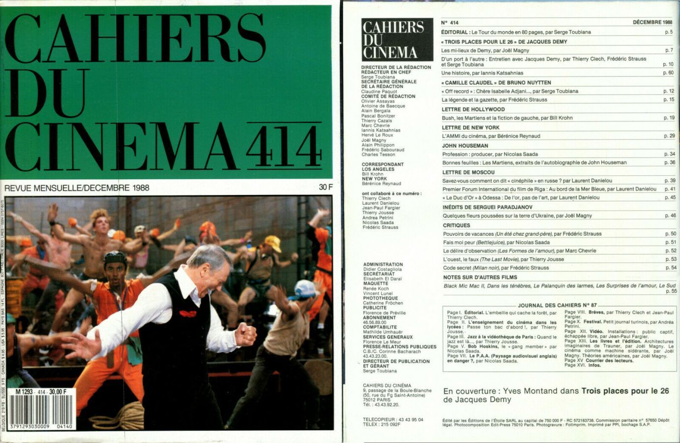 CAHIERS DU CINEMA magazine side cover Issue 414 December 1988