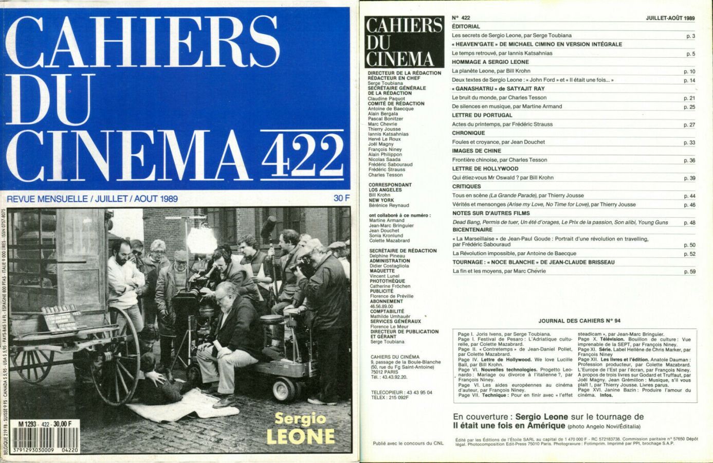 CAHIERS DU CINEMA magazine side cover Issue 422 July/August 1989