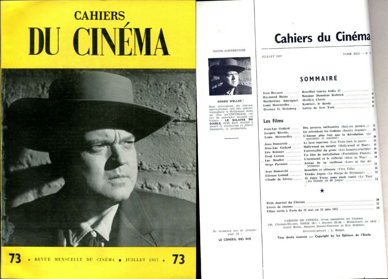 CAHIERS DU CINEMA magazine side cover Issue 73 July 1957