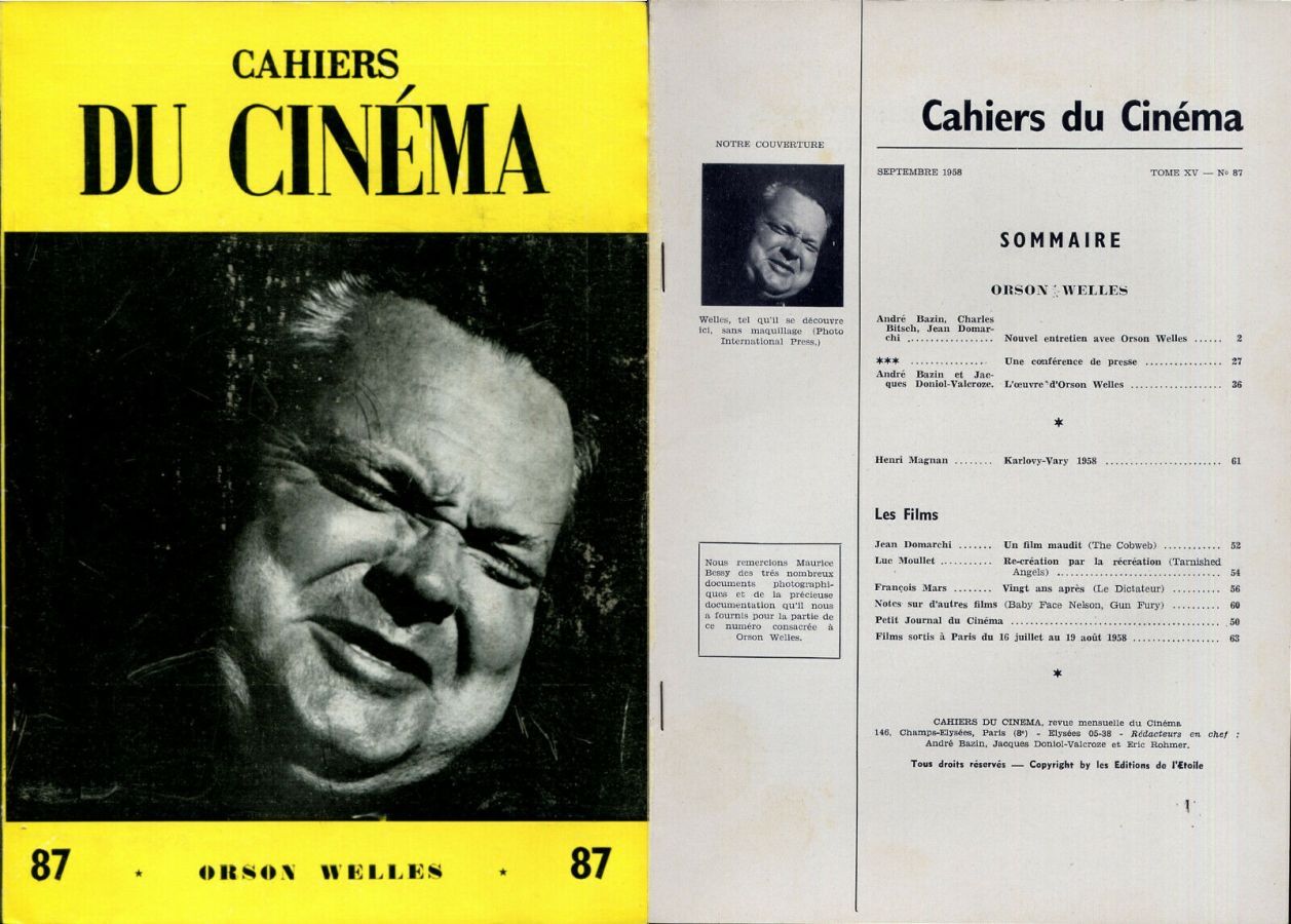 CAHIERS DU CINEMA magazine side cover Issue 87 September 1958