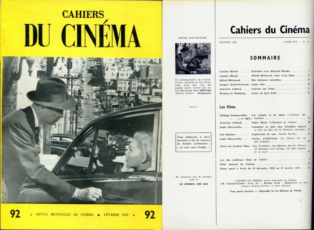 CAHIERS DU CINEMA magazine side cover Issue 92 February 1959