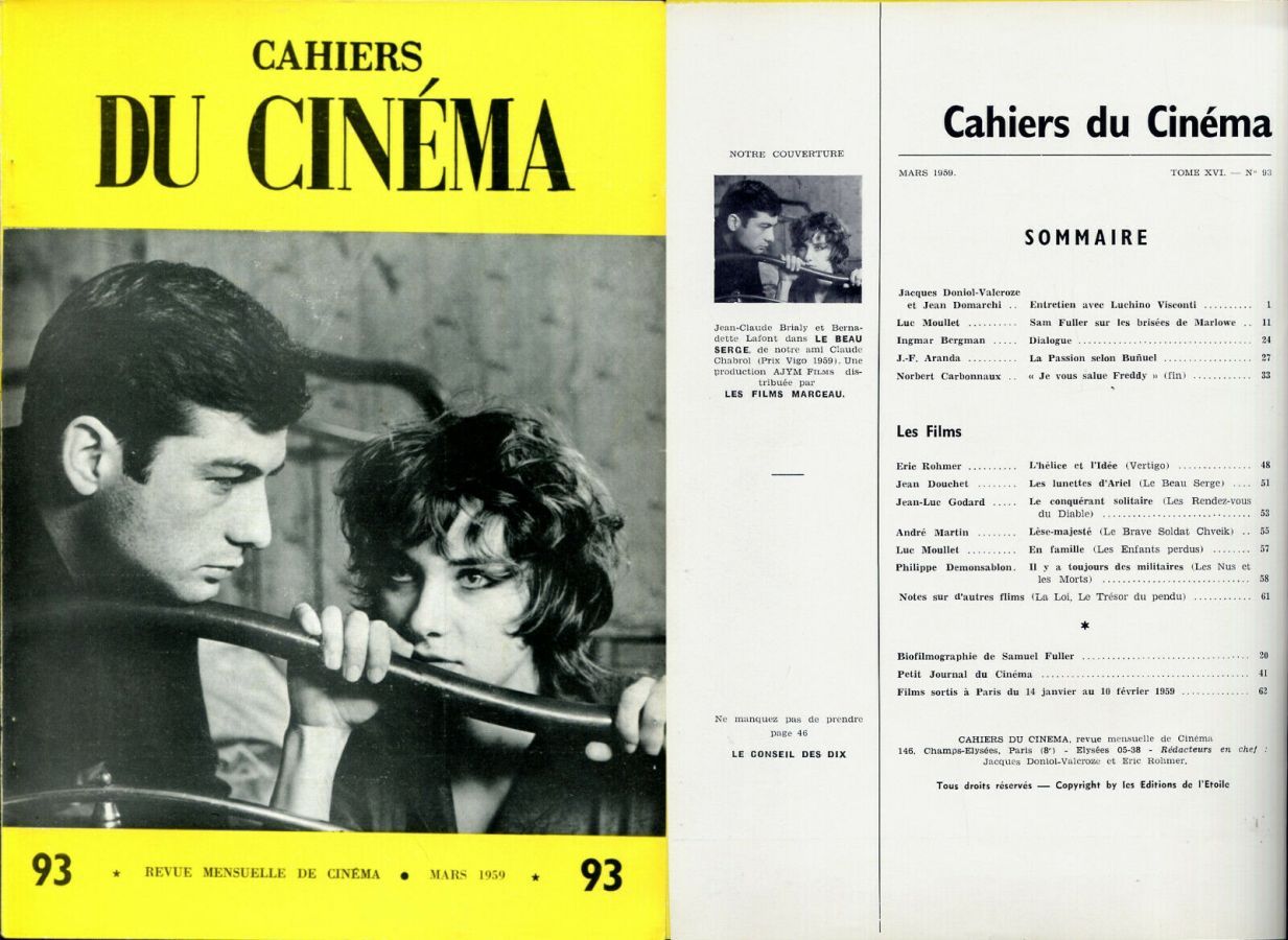 CAHIERS DU CINEMA magazine side cover Issue 93 March 1959