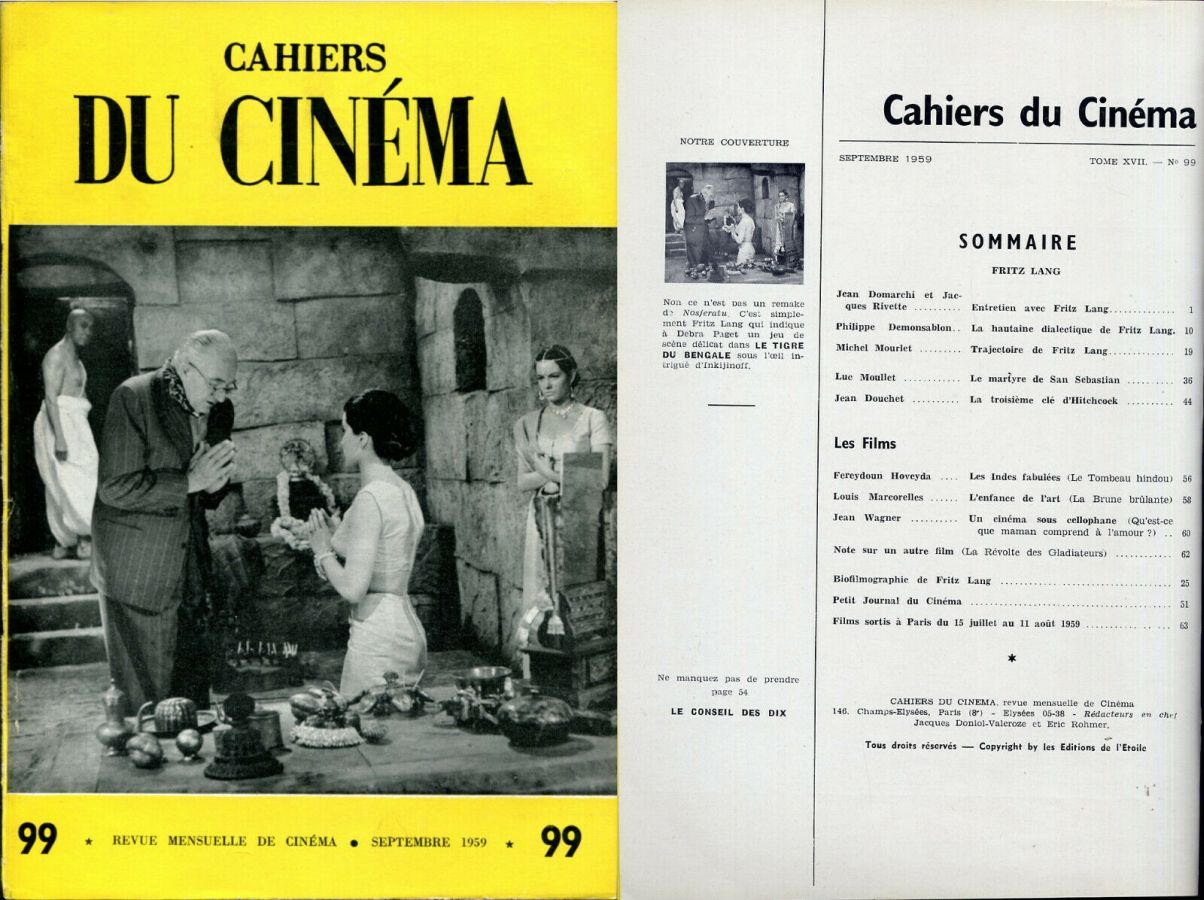 CAHIERS DU CINEMA magazine side cover Issue 99  1959