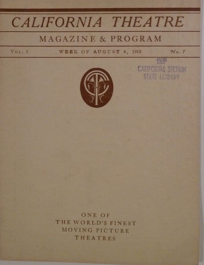 CALIFORNIA THEATRE magazine side cover Issue 7 4 August 1918