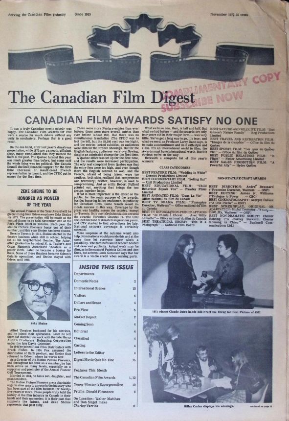 CANADIAN FILM DIGEST magazine side cover  November 1972