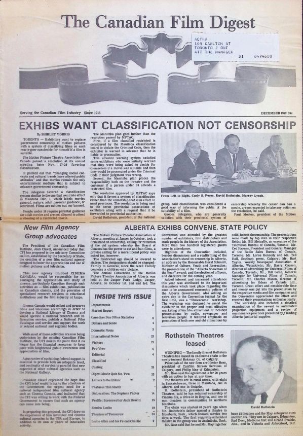 CANADIAN FILM DIGEST magazine side cover  December 1972
