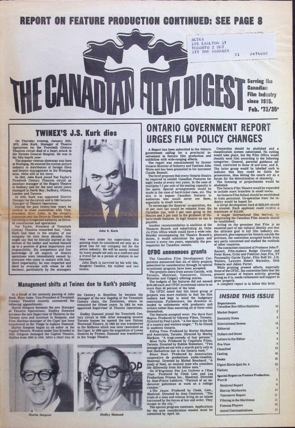 CANADIAN FILM DIGEST magazine side cover  February 1973
