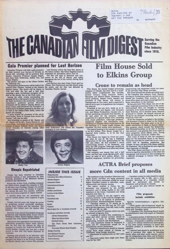 CANADIAN FILM DIGEST magazine side cover  March 1973