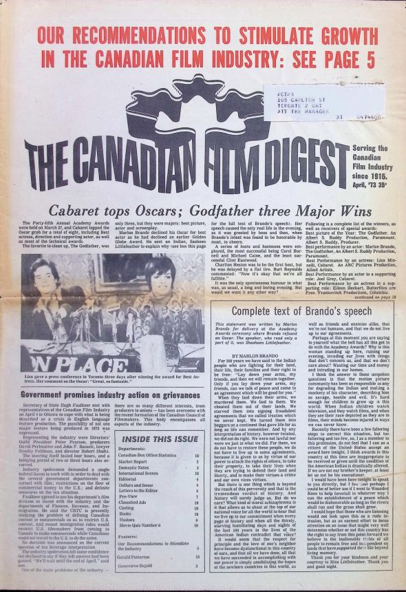 CANADIAN FILM DIGEST magazine side cover  April 1973