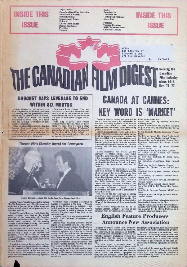 CANADIAN FILM DIGEST magazine side cover  May 1973