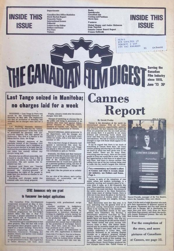 CANADIAN FILM DIGEST magazine side cover  June 1973