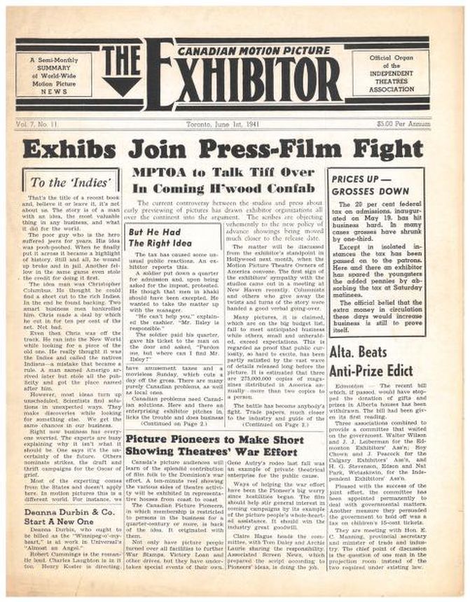 CANADIAN MOTION PICTURE EXHIBITOR magazine side cover 1 June 1941