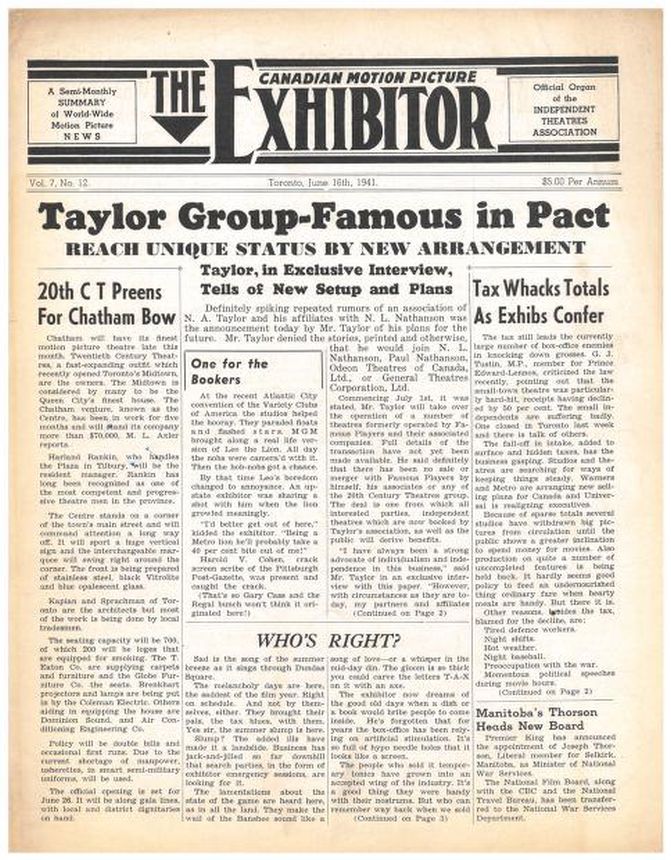 CANADIAN MOTION PICTURE EXHIBITOR magazine side cover 16 June 1941